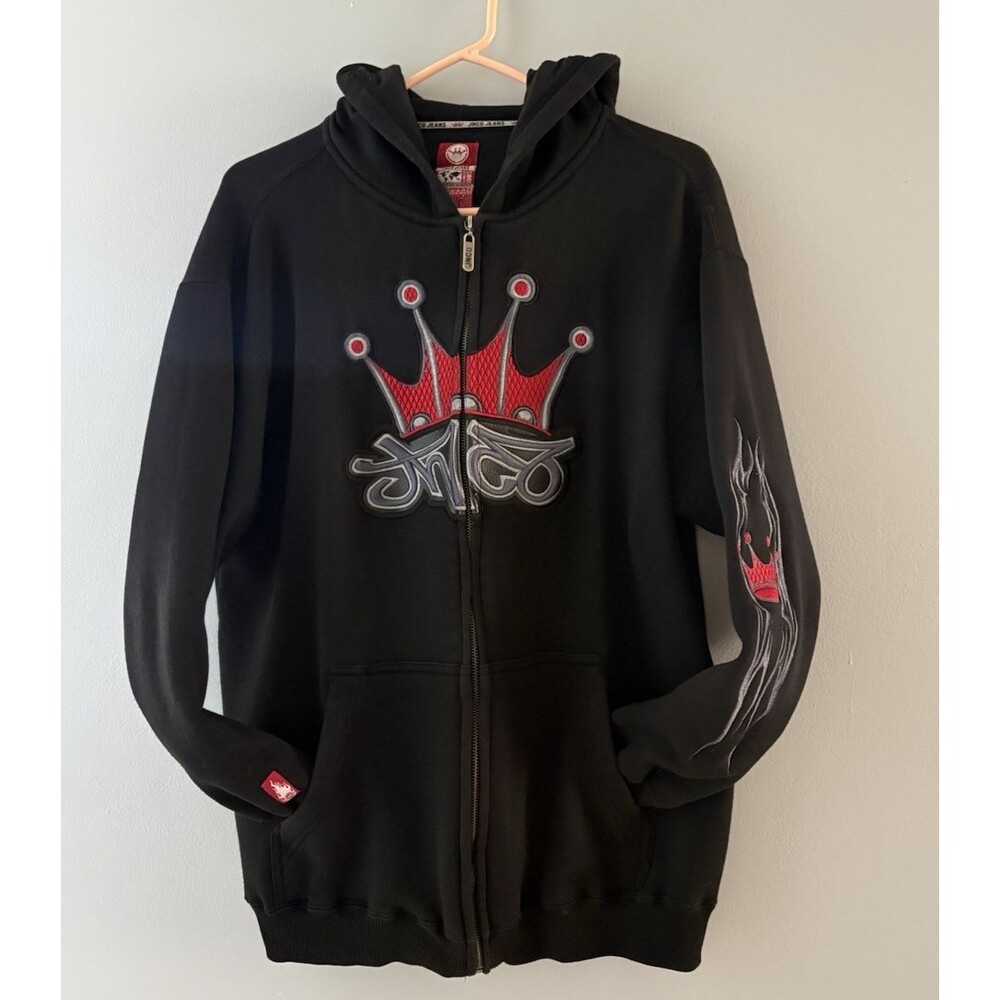 Vintage JNCO Jeans Embroidered Crown Zip Up Hoodie Black Mens M Y2K Streetwear
